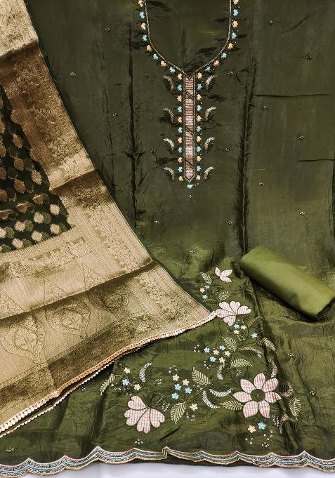 Green Embroidered Blended Dress Material