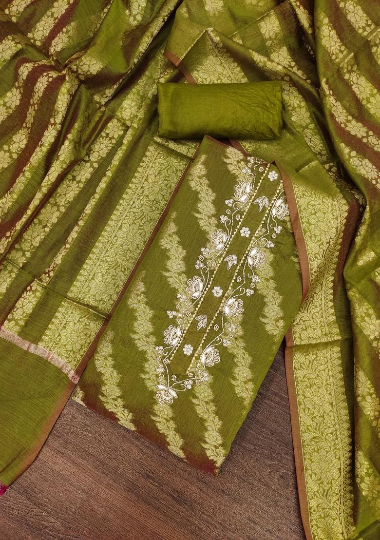 Green Embroidered Blended Dress Material
