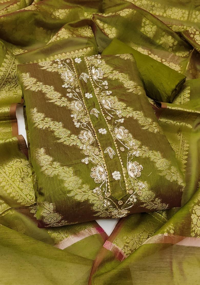 Green Embroidered Blended Dress Material