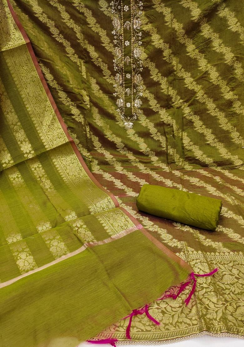 Green Embroidered Blended Dress Material