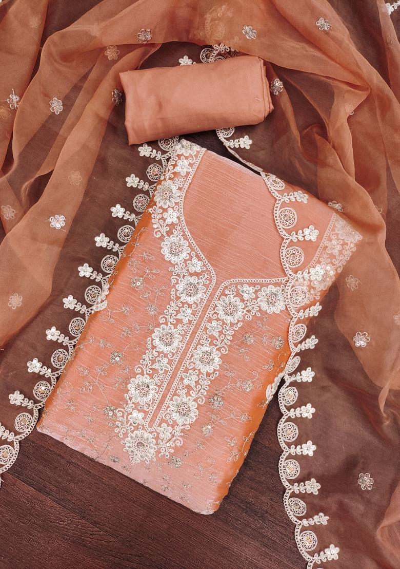 Peach Embroidered Blended Dress Material
