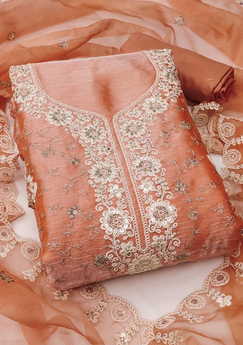 Peach Embroidered Blended Dress Material