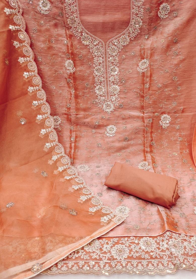 Peach Embroidered Blended Dress Material