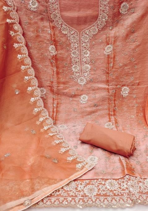 Peach Embroidered Blended Dress Material