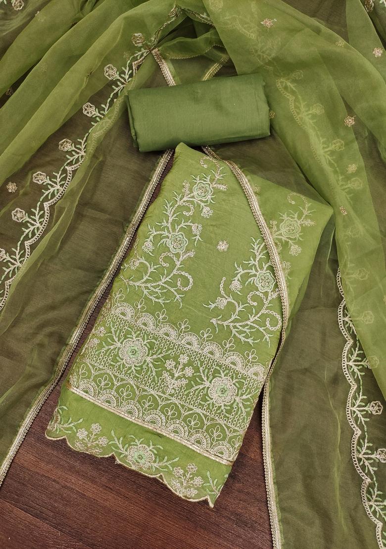 Sea Green Embroidered Blended Dress Material