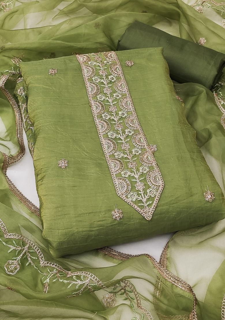 Sea Green Embroidered Blended Dress Material