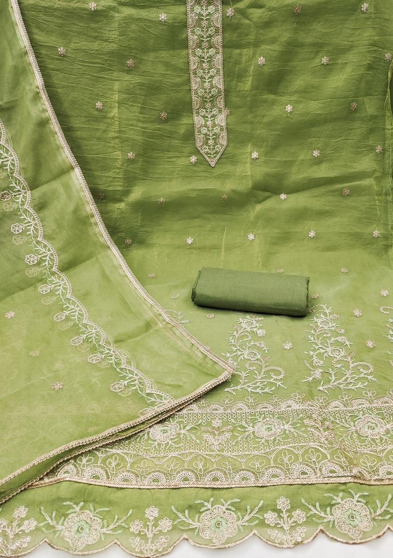 Sea Green Embroidered Blended Dress Material