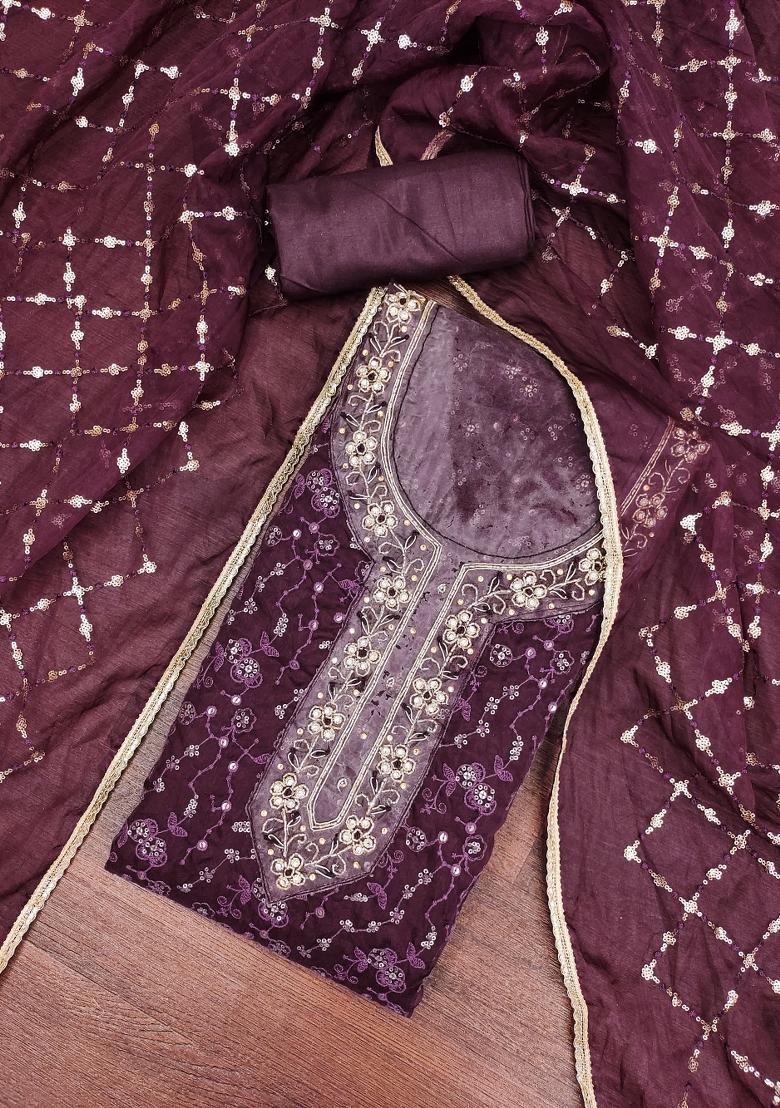 Voilet Embroidered Viscose Dress Material