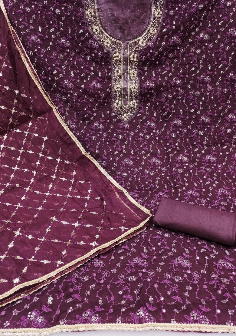 Voilet Embroidered Viscose Dress Material