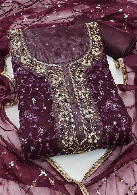 Voilet Embroidered Viscose Dress Material