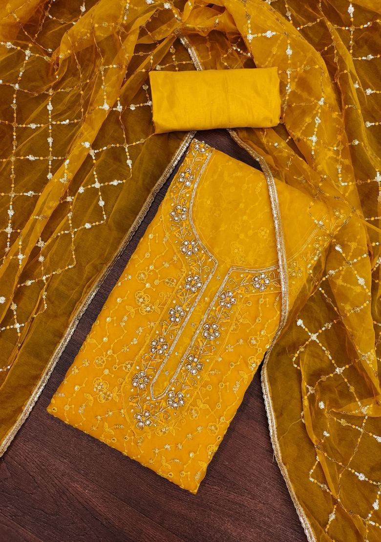 Yellow Embroidered Viscose Dress Material