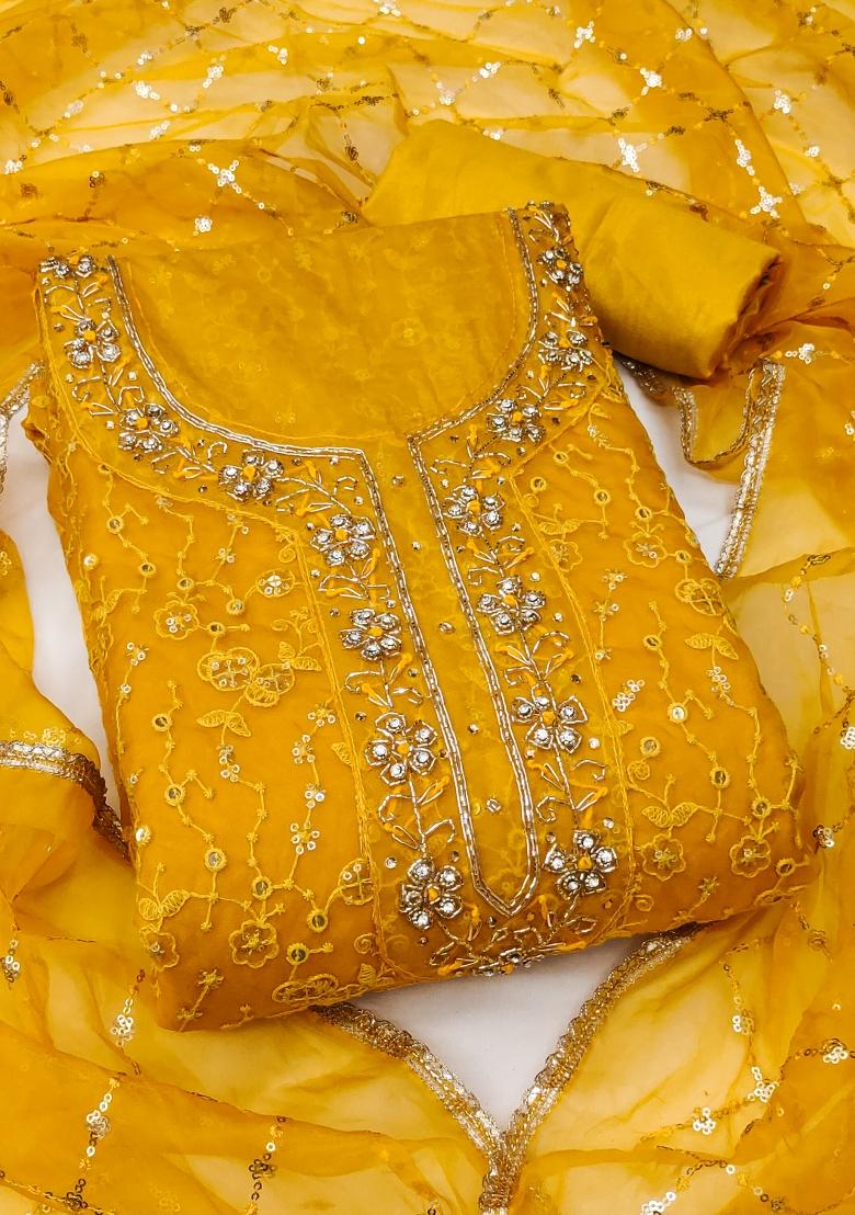 Yellow Embroidered Viscose Dress Material