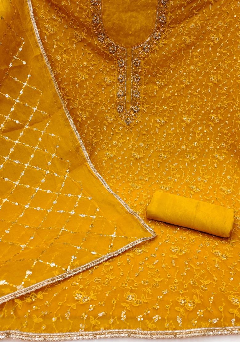 Yellow Embroidered Viscose Dress Material