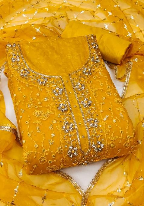 Yellow Embroidered Viscose Dress Material