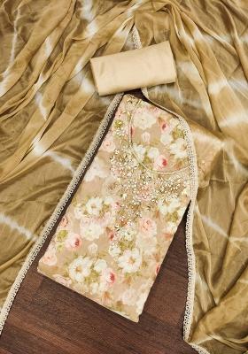 Beige Embroidered Cotton Blend Dress Material