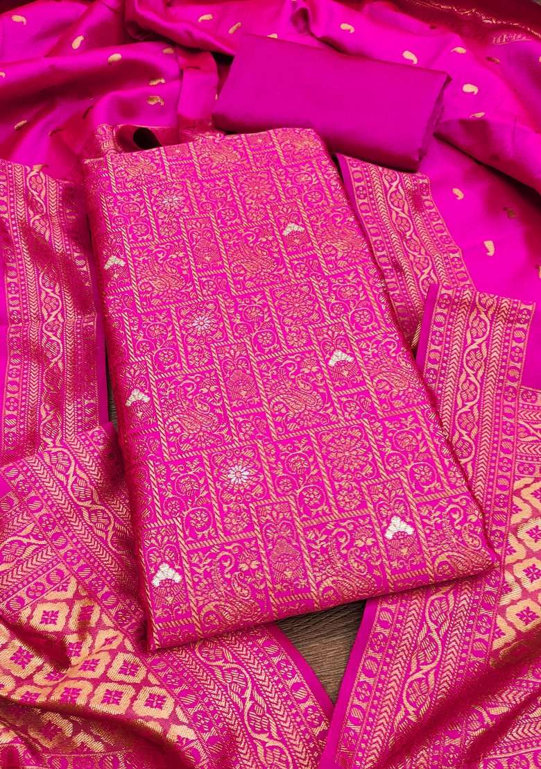 Pink Zari Work Silk Blend Punjabi Suit - Indya
