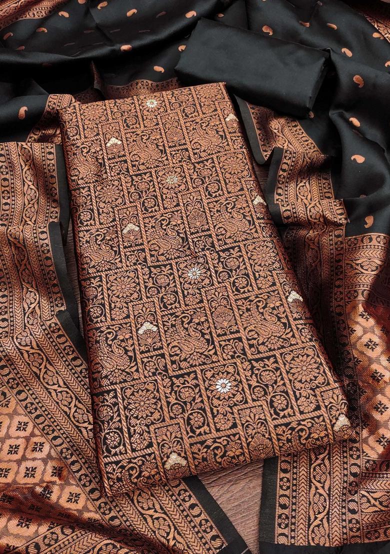 Black Embroidered Silk Dress Material - Indya