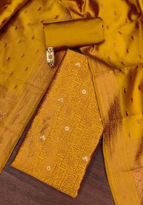 Mustard Embroidered Silk Dress Material