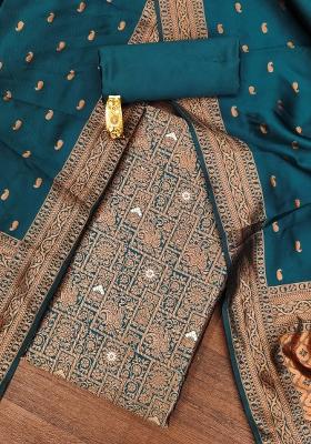 Teal Embroidered Silk Dress Material