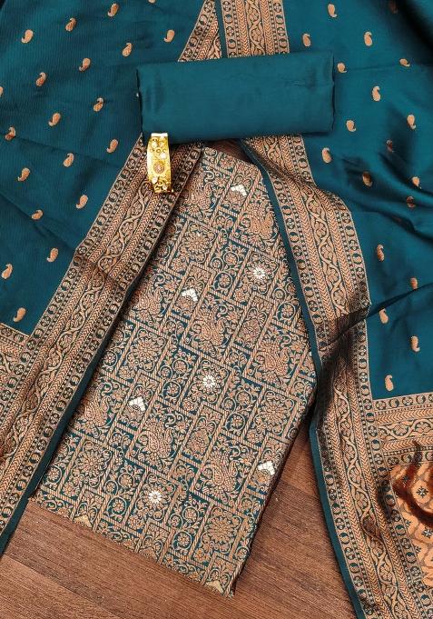 Teal Jacquard Silk Straight Kurta Set