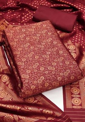 Red Embroidered Silk Dress Material