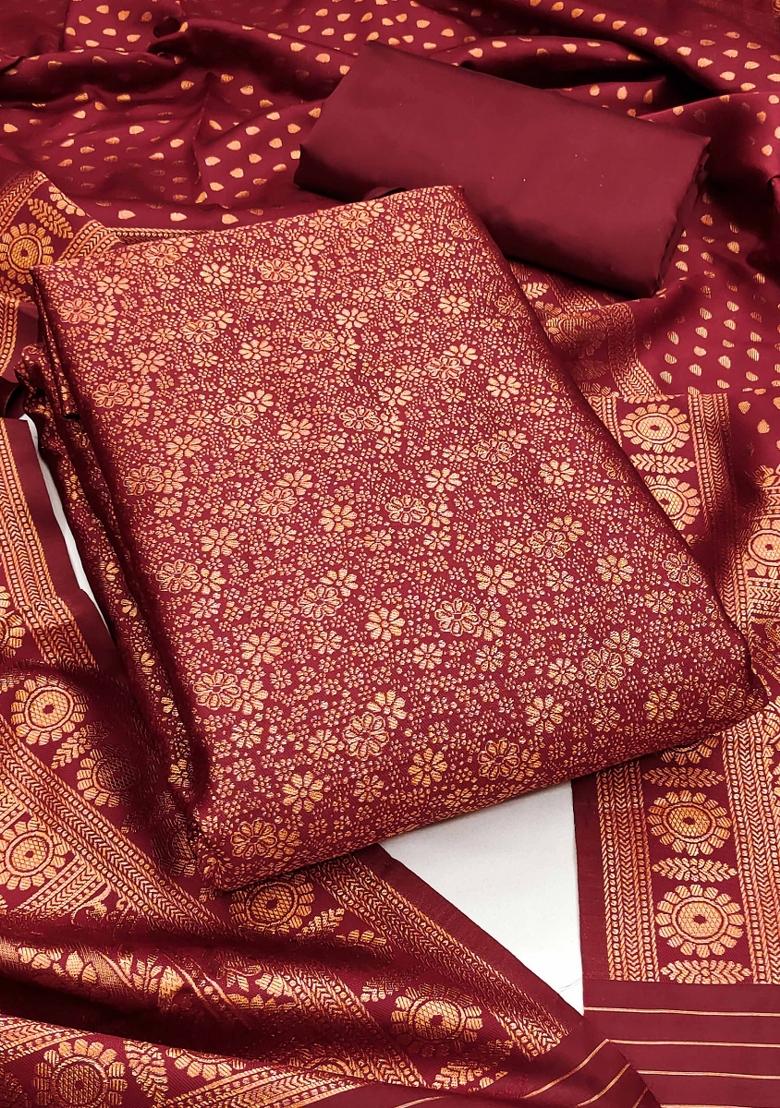 Red Embroidered Silk Dress Material