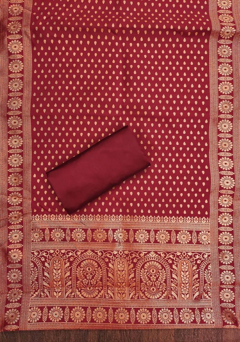 Red Embroidered Silk Dress Material