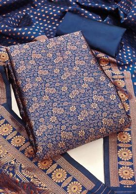 Navy Blue Embroidered Silk Dress Material