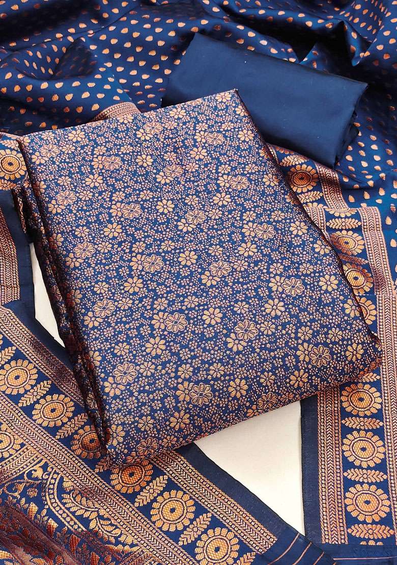 Navy Blue Embroidered Silk Blend Dress Material - Indya