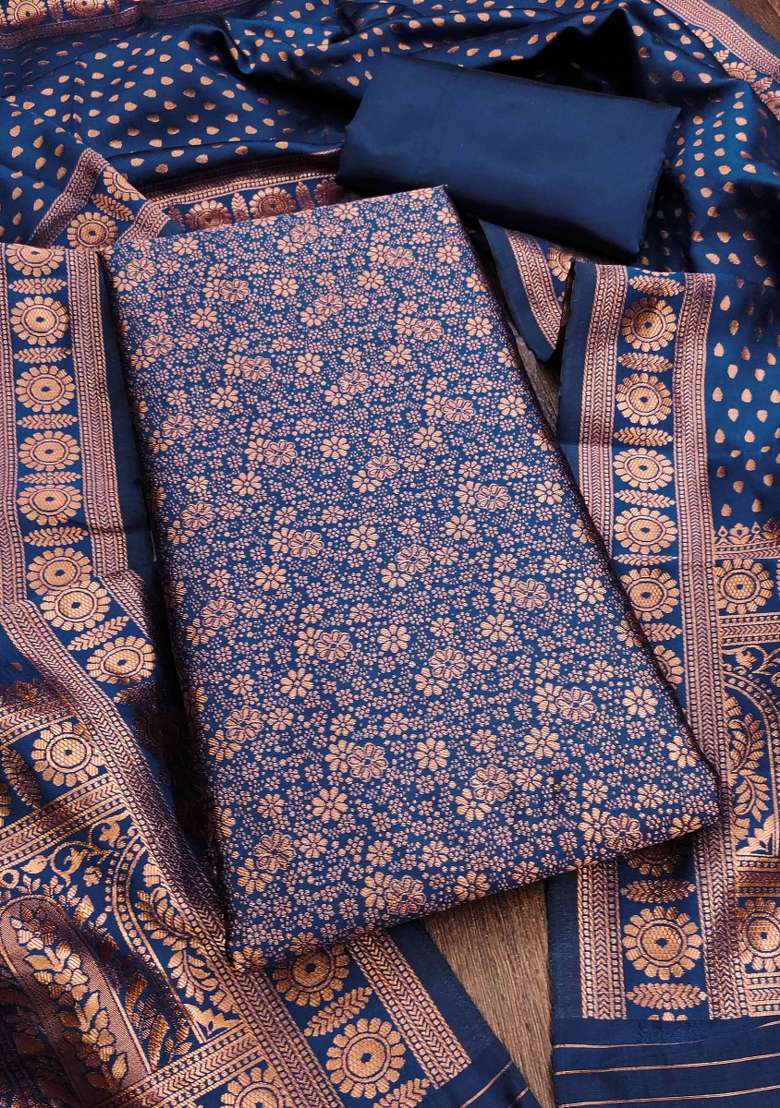 Navy Blue Embroidered Silk Blend Dress Material - Indya