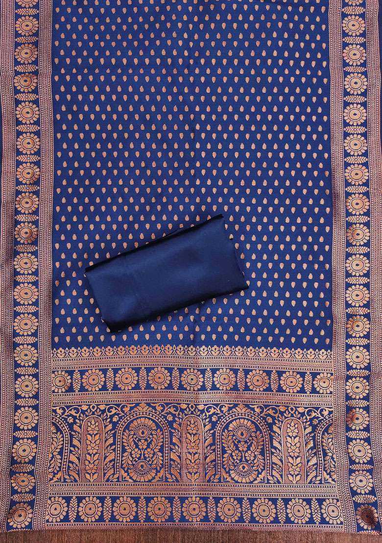 Navy Blue Embroidered Silk Blend Dress Material - Indya