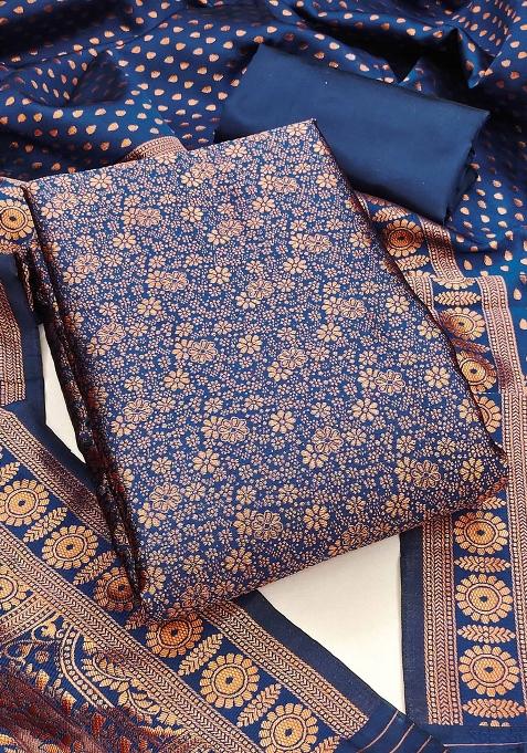 Navy Blue Embroidered Silk Dress Material