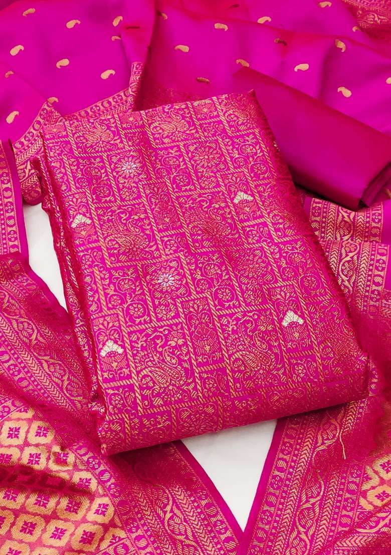 Pink Zari Work Silk Blend Straight Kurta Set - Indya