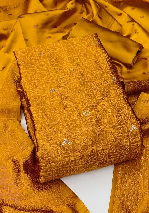 Mustard Embroidered Silk Dress Material