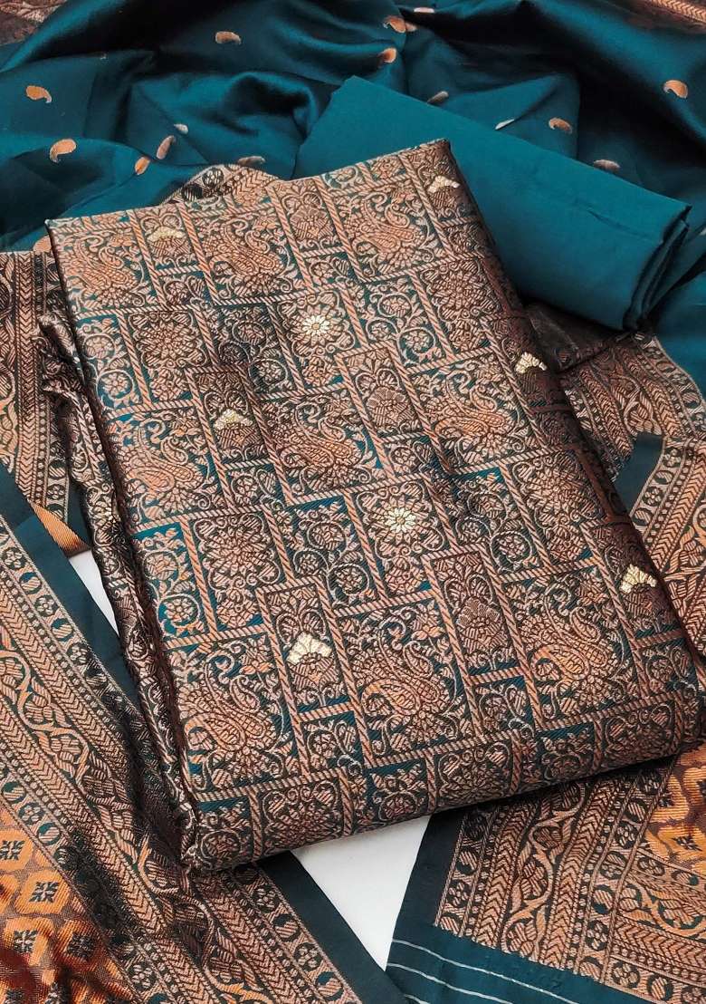 Teal Jacquard Silk Blend Straight Kurta Set - Indya