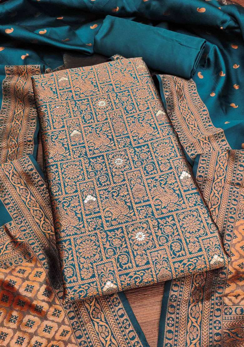 Teal Jacquard Silk Blend Straight Kurta Set - Indya