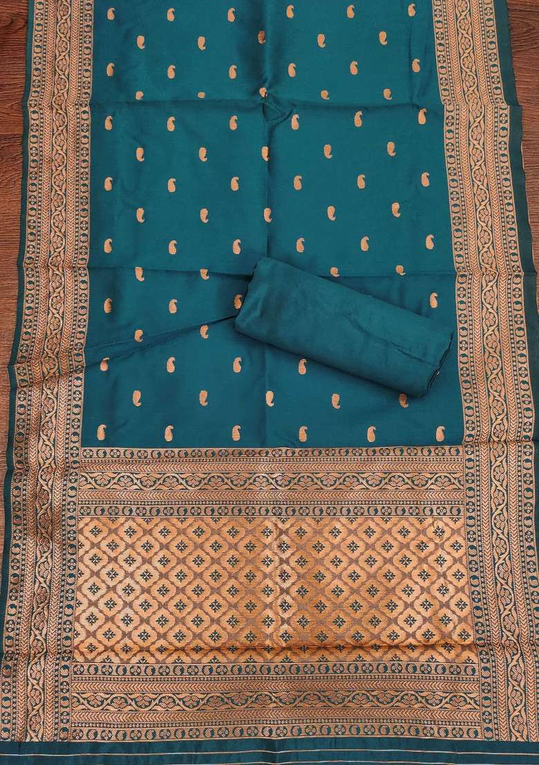 Teal Jacquard Silk Blend Straight Kurta Set - Indya