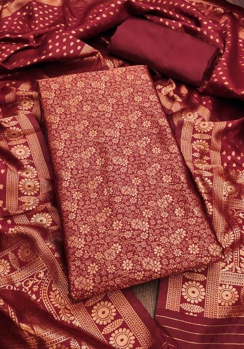 Red Embroidered Silk Dress Material