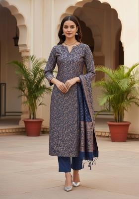Navy Blue Embroidered Silk Dress Material