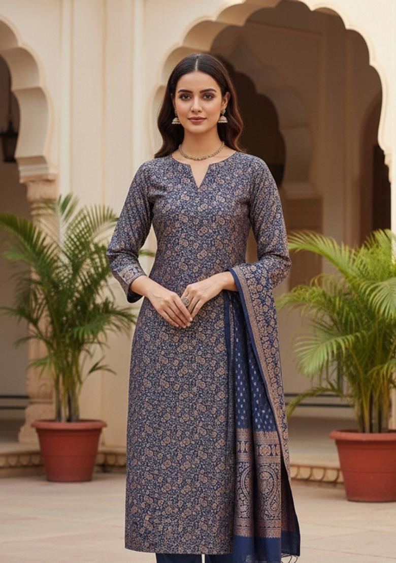 Navy Blue Embroidered Silk Dress Material - Indya