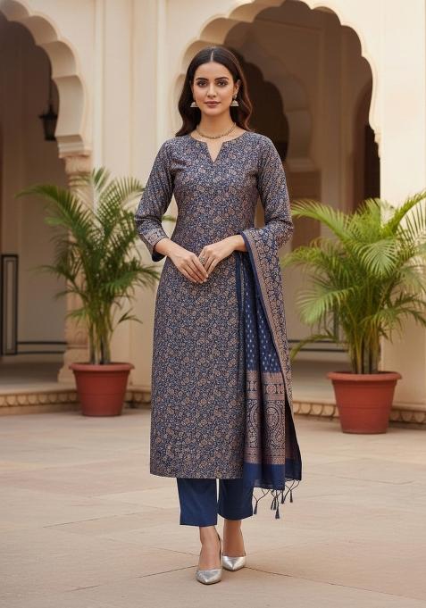 Navy Blue Embroidered Silk Dress Material
