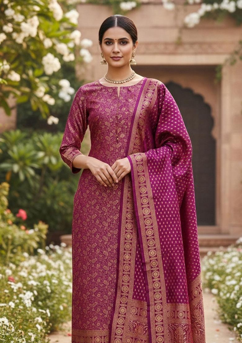 Pink Embroidered Silk Dress Material - Indya