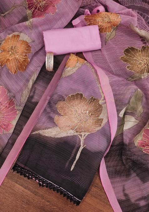 Pink Embroidered Oragnza Dress Material