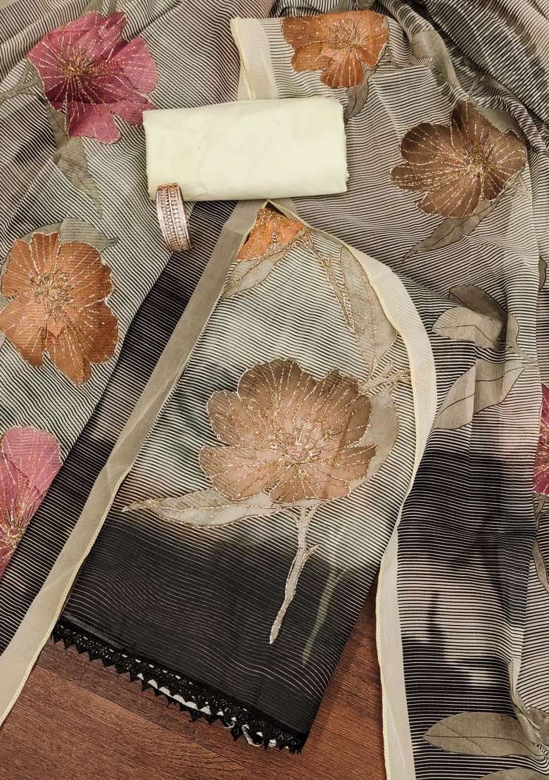Cream Embroidered Oragnza Dress Material - Indya
