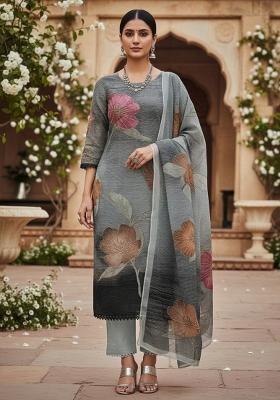 Grey Embroidered Oragnza Dress Material