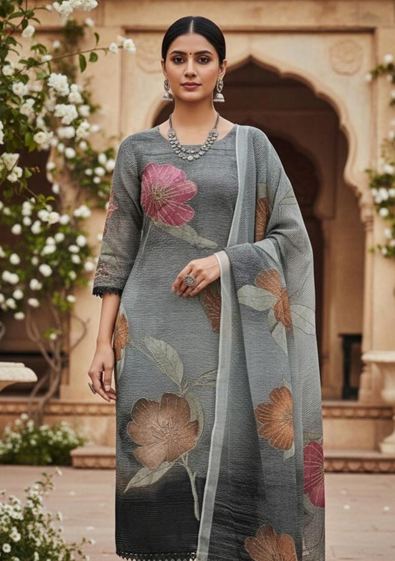 Grey Embroidered Oragnza Dress Material - Indya