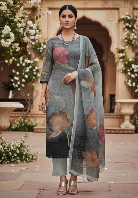 Grey Embroidered Oragnza Dress Material