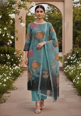Teal Embroidered Oragnza Dress Material