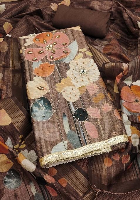Brown Embroidered Cotton Blend Dress Material