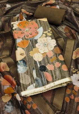 Olive Embroidered Cotton Blend Dress Material